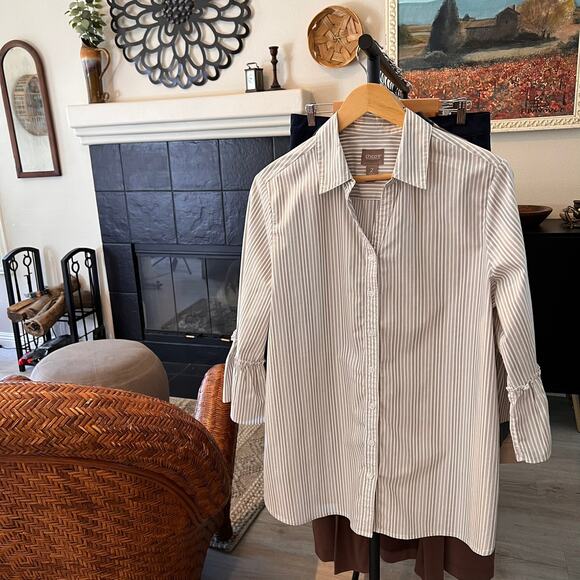 Chicos Top Womens Size 2/L Taupe & White Striped Button Down Bell Sleeves - Picture 16 of 16